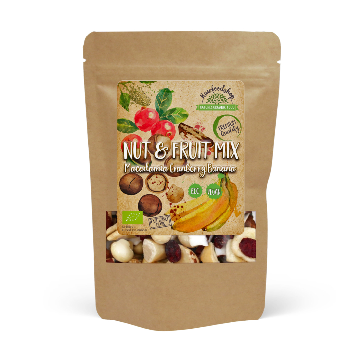 Nødde- & Frugtmix Macadamia Tranebær Banan ØKO 200g i gruppen Råvarer & Drikke / Slik & Chokolade / Snacks hos Rawfoodshop Scandinavia AB (270722)