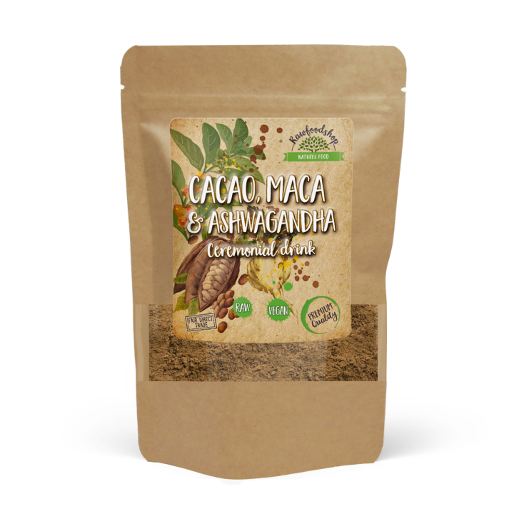 Kakaopulver Ceremoniel Drik med Ashwagandha & Maca 100g i gruppen Råvarer & Drikke / Drikkevarer / Andre hos Rawfoodshop Scandinavia AB (AYAM121)